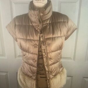 Women's Tan Puffer Jacket with Faux Fur Trim